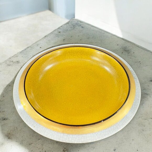 MCM Fitz And Floyd Crackle Finish Ashtray Yellow Center Trinket Dish Plate VTG - Picture 1 of 15